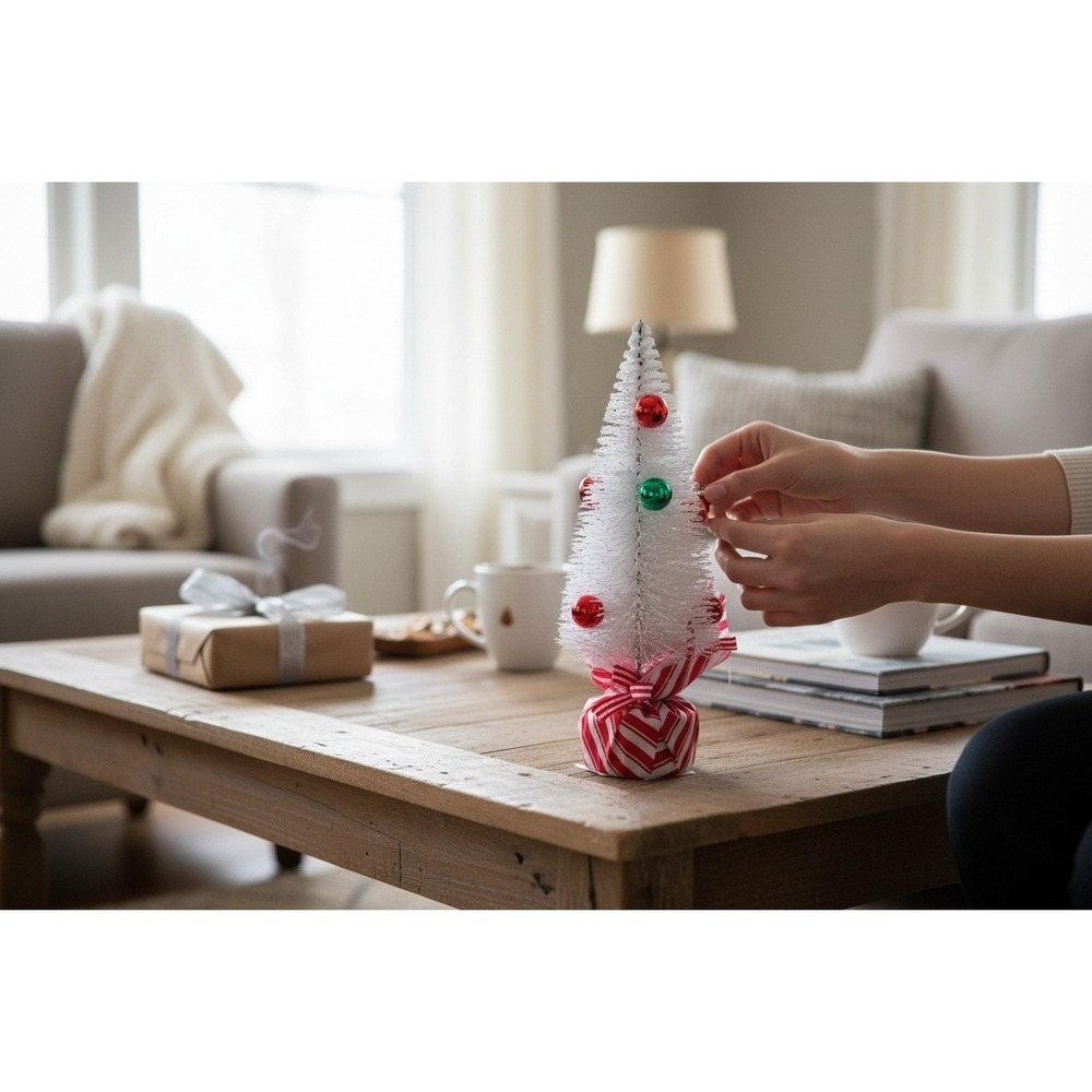 Holiday Style White Brush Tree Christmas Decor‎ Candy Cane Base Ornaments